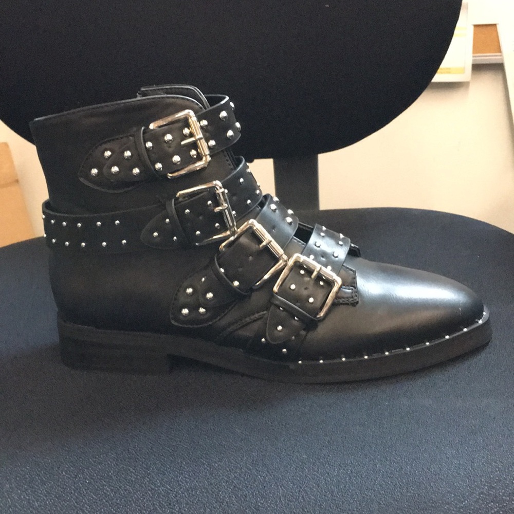 Silver Studded Strappy Biker Boot Vegan Black
